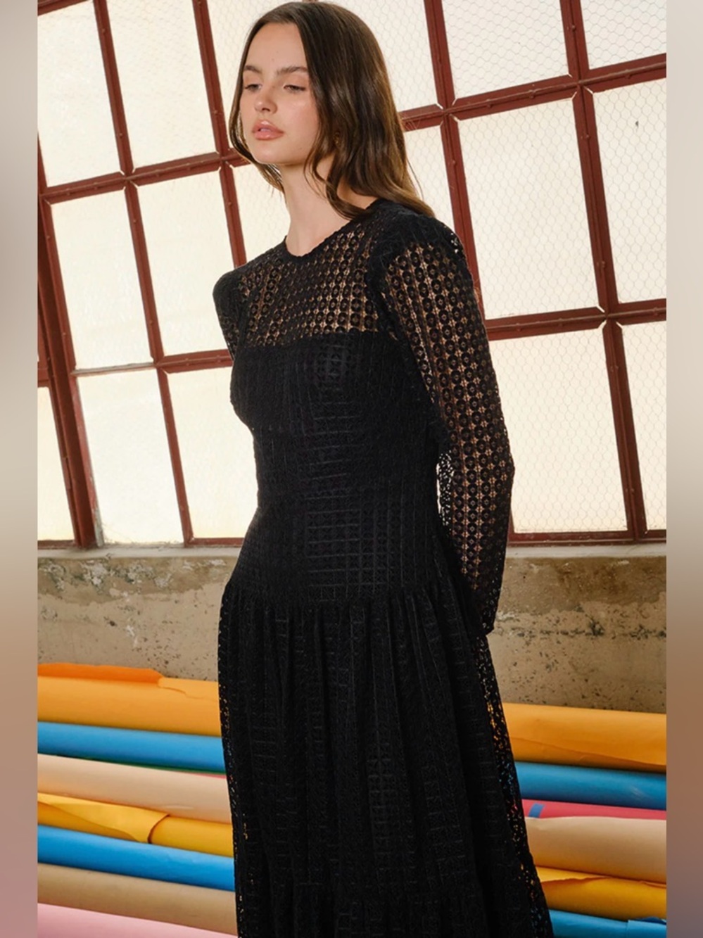 Black Long-Sleeve Crochet Midi Dress with Tie Necky - Picture 3 of 12